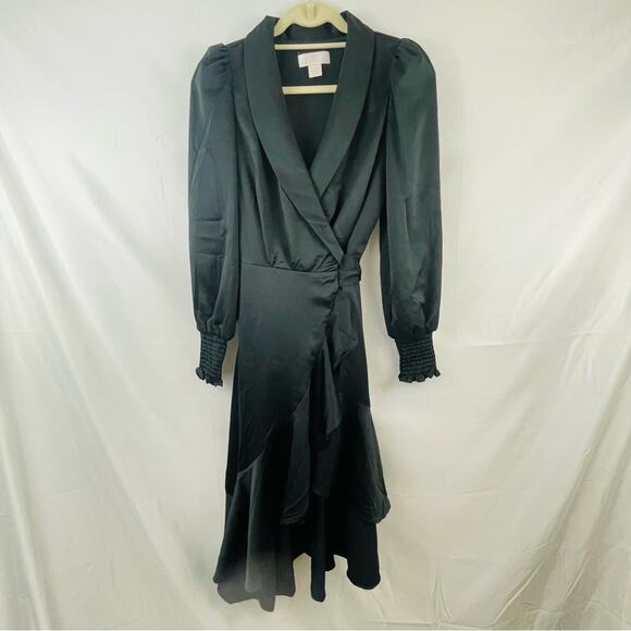 EUC‎ Rachel Parcell Long Sleeve Hammered Ruffled Satin Wrap Dress Black size XXS - Picture 3 of 12